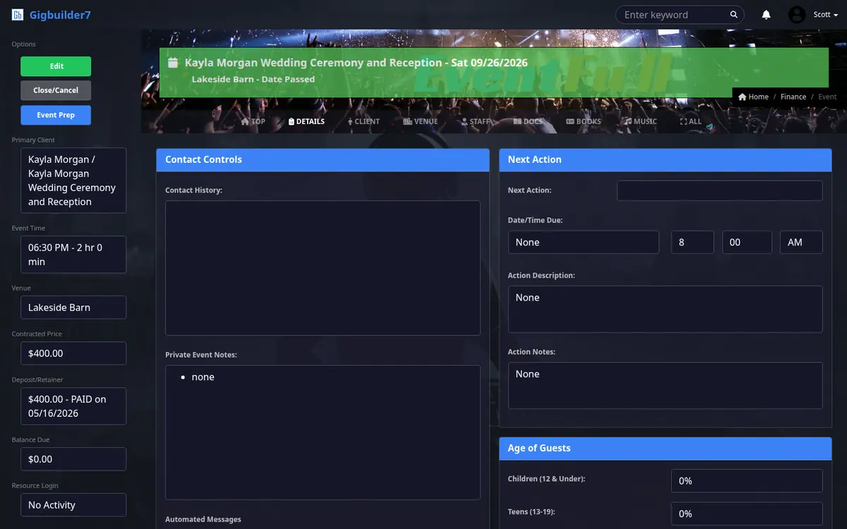Event record Details tab: contact history, private event notes, next action and age of guests