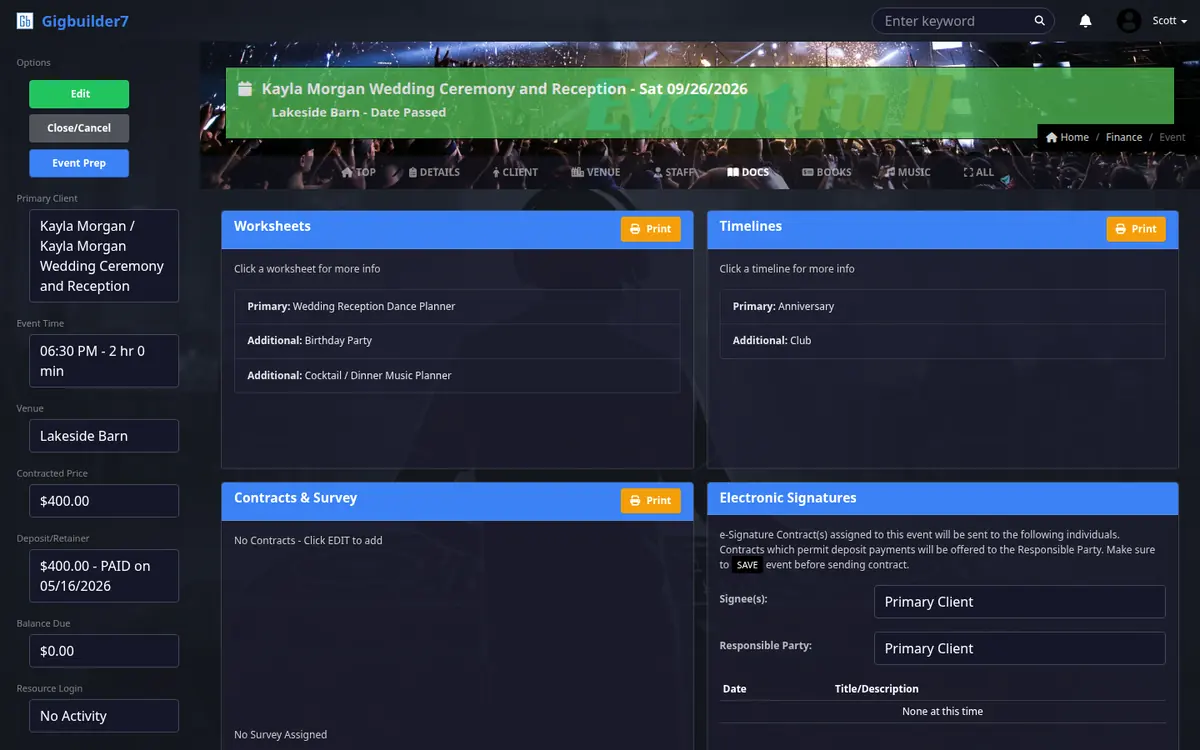 Event record Docs tab: worksheets, timelines, contracts and survey, and electronic signature settings