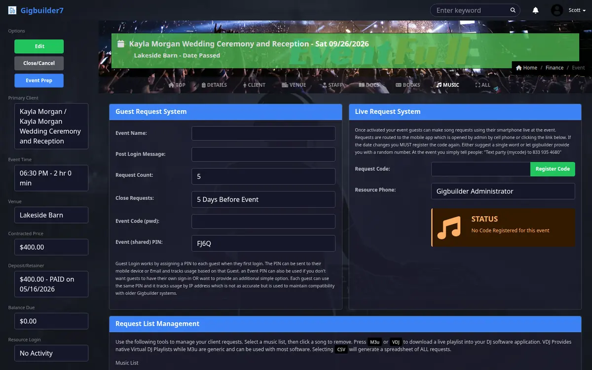 Event record Music tab: guest request system, live request system and request list management