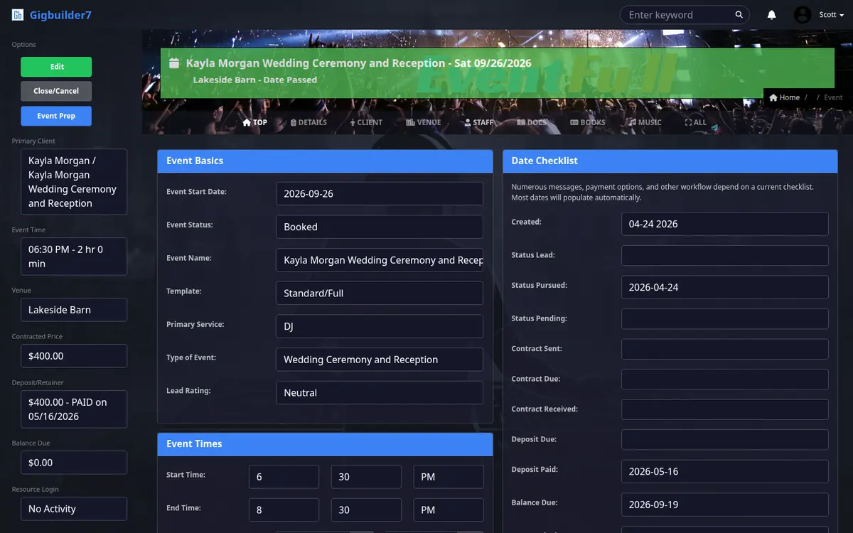Event record Top tab: event basics on the left and the date checklist on the right, with created, pursued, contract and deposit dates