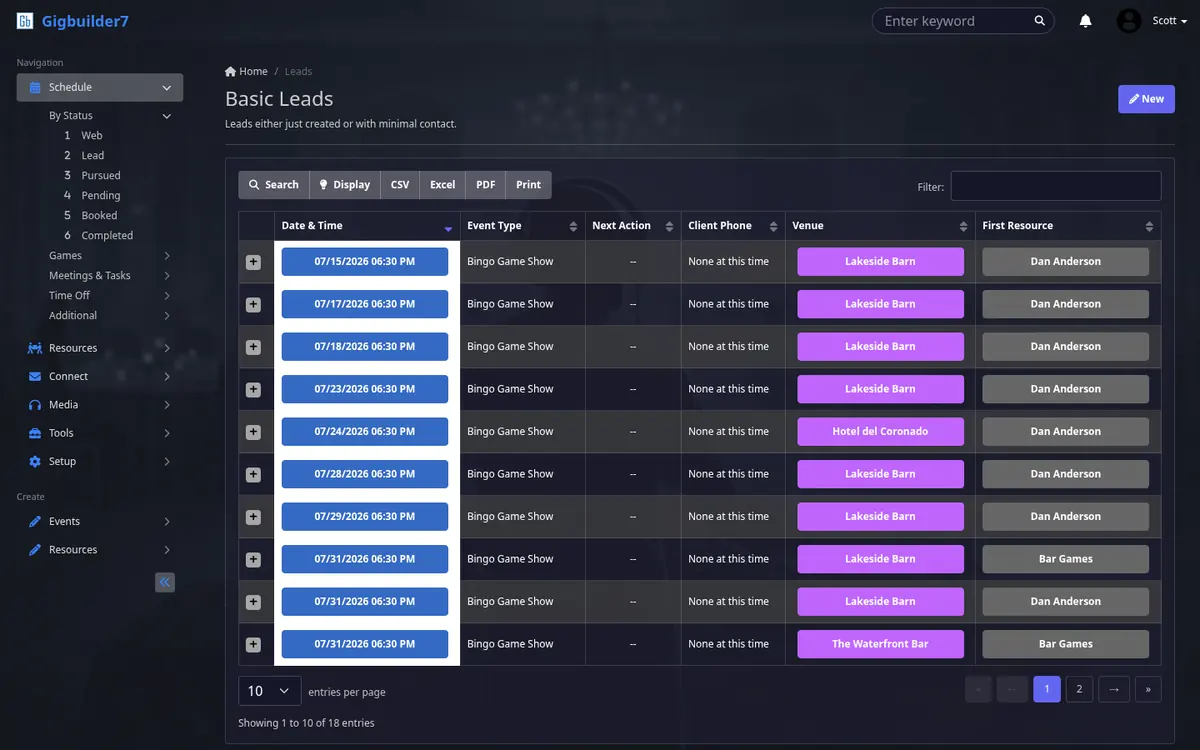 Leads list with date and time, event type, next action, client phone, venue and assigned staff, plus search and CSV, Excel and PDF export