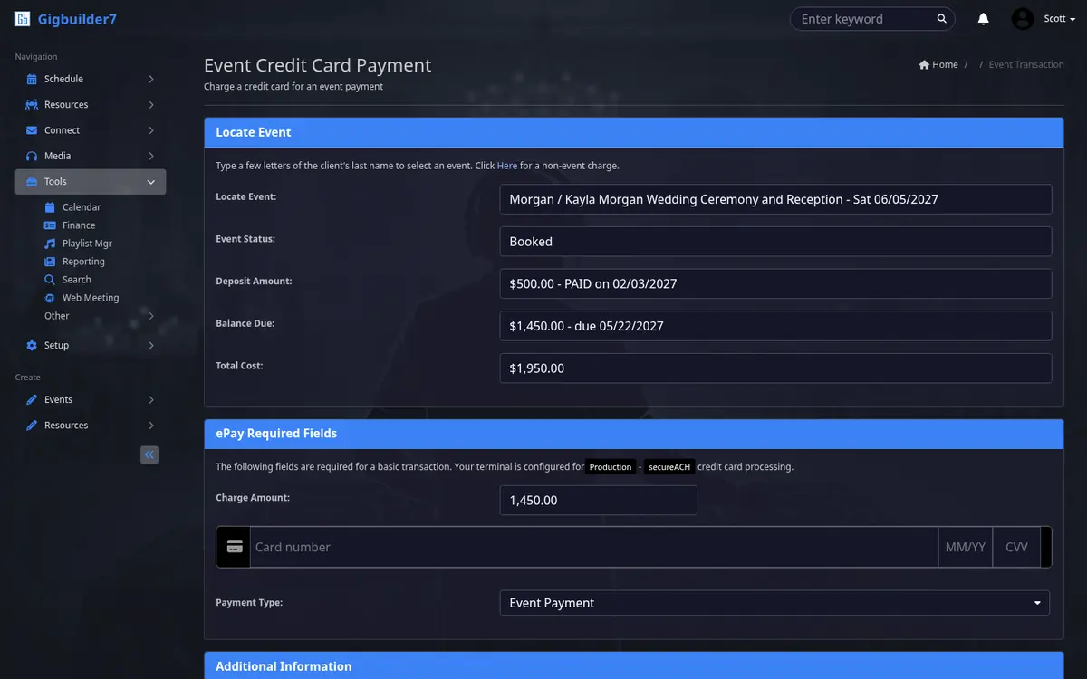 Event Credit Card Payment screen: the located event with its status, deposit paid, balance due and total cost, then the charge amount, card fields and payment type