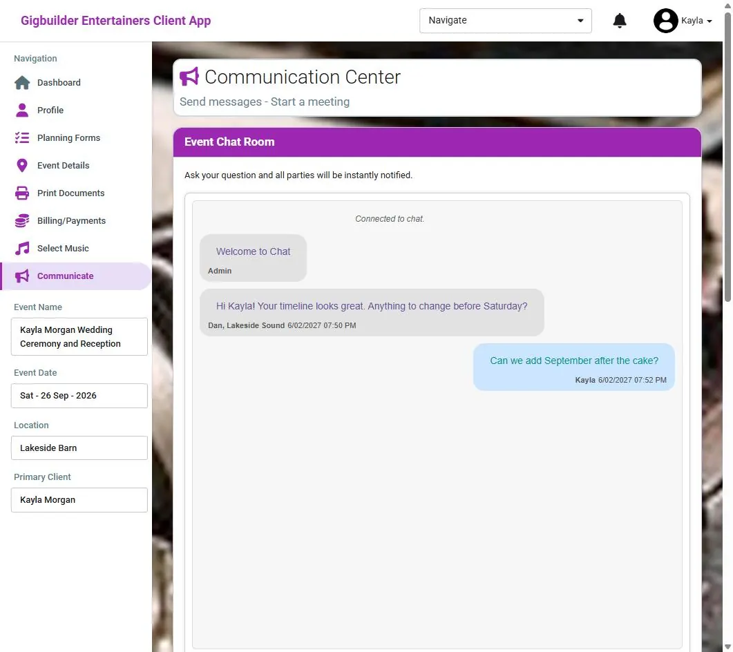 Communication center: event chat room with messages between the DJ and client