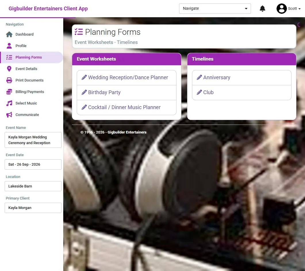 Planning forms: event worksheets and timelines for the client to complete