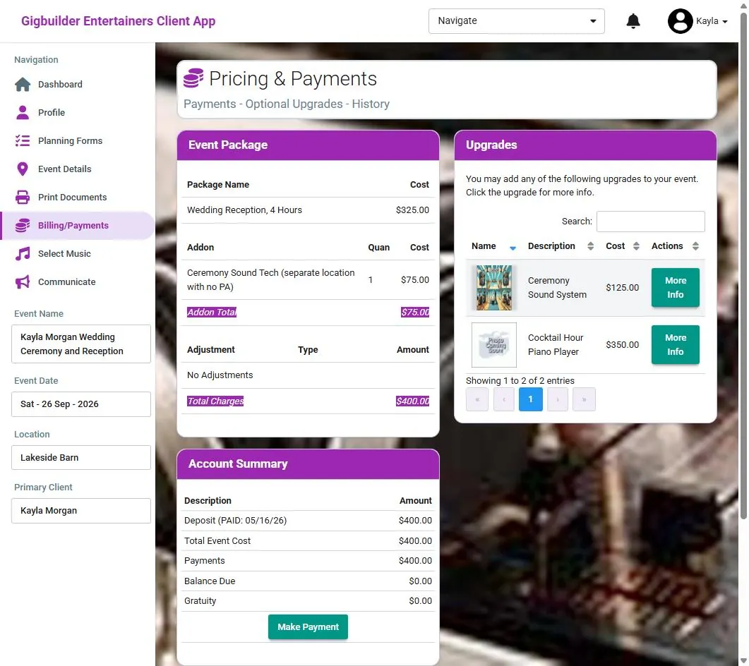 Pricing and payments: event package and add-ons, optional upgrades with photos, account summary and Make Payment button