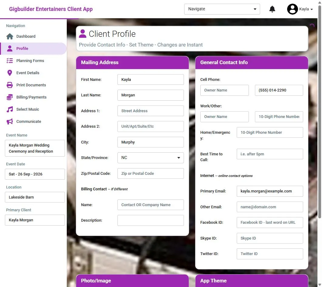 Client profile: mailing address, contact info, online contact options, photo and app theme